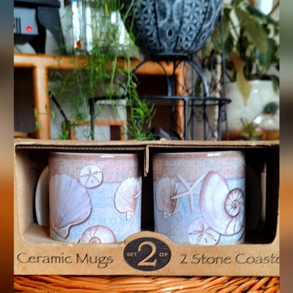 Counter Art Mug & Coaster Gift Set 2- 11 oz Mugs W/ 2"X4" Matching Coasters